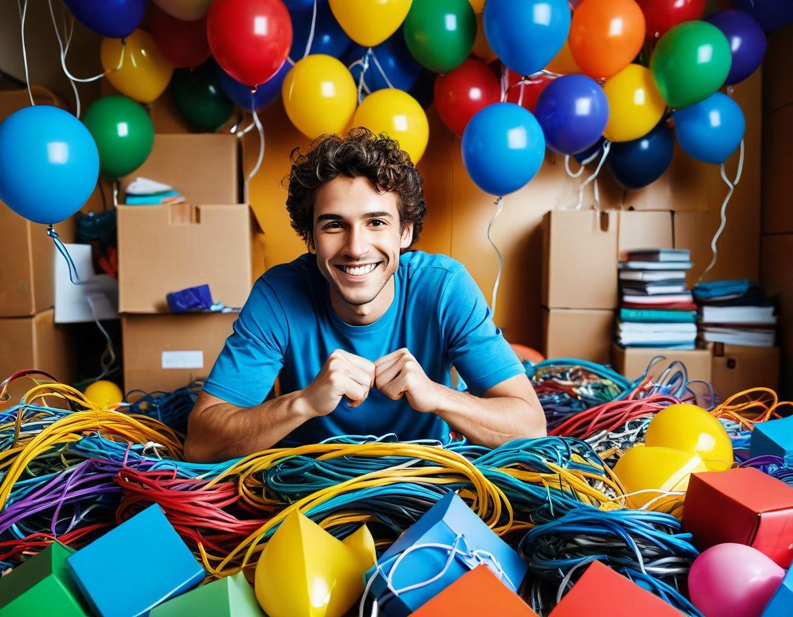 A cheerful scene of a person managing colorful cables with a bright smile, surrounded by vibrant moving boxes, showcasing the joy of organization. The background includes playful elements like balloons and sunshine to symbolize happiness amidst chaos. Focus on a positive atmosphere, with a touch of humor in the arrangement of cables and boxes. super-realistic. vibrant colors. playful vibe.