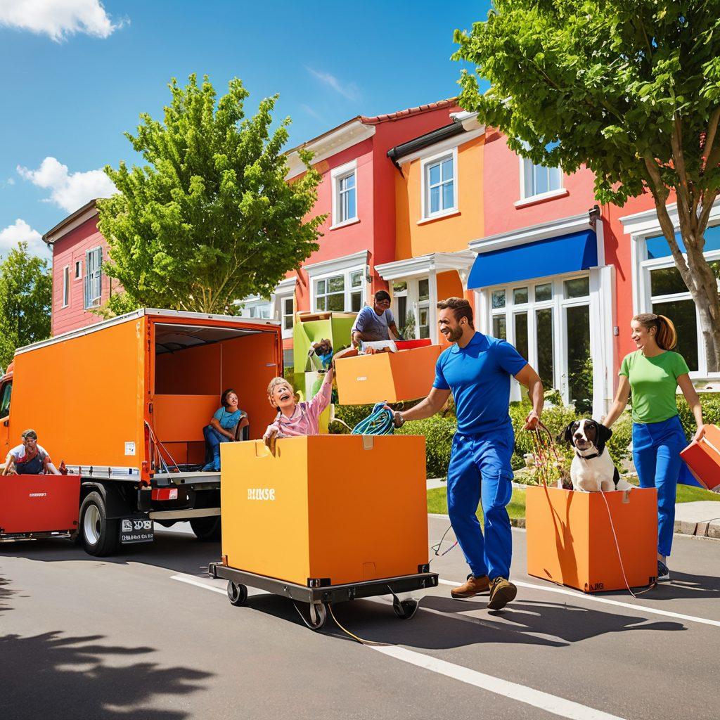 An uplifting scene of happy movers cheerfully relocating a family, with colorful moving boxes and cables artfully arranged around them. The background features a sunny day with blue skies and green trees, symbolizing new beginnings. Include subtle elements of joy, like smiling faces and playful pets. Create a vibrant atmosphere that embodies the excitement of relocation. super-realistic. vibrant colors.