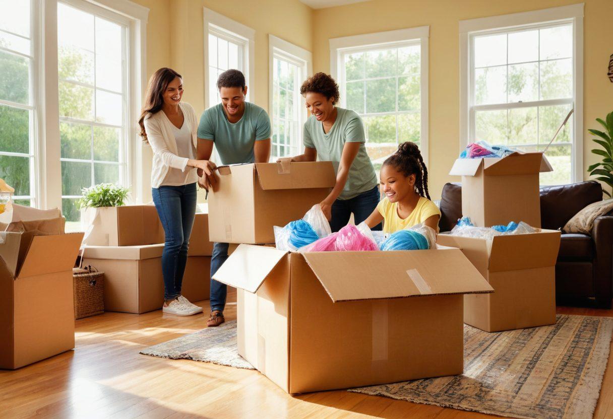 A cheerful family happily packing boxes in a bright, organized living room, with professional movers efficiently loading items onto a truck outside. Include vibrant colors to convey a sense of excitement and joy, while showing moving supplies scattered around. The background should feature a beautiful neighborhood, emphasizing a fresh start. super-realistic. vibrant colors. bright and airy atmosphere.